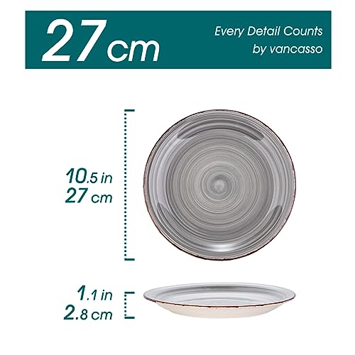 vancasso Bella Grey 10.5 inch Dinner Plate Set of 4, Handpainted Big Plate Set in Rustic Look, 27cm Serving Plate for Dinner/Steak/Main Course, Scratch Resistant