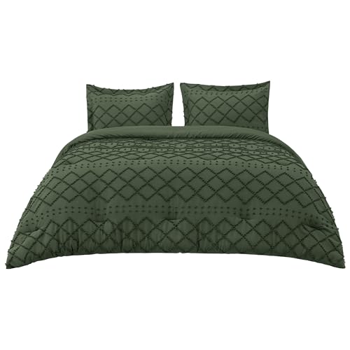 Image of Bedsure Twin XL Comforter Set - Olive Green Comforter, Boho Tufted Distressed Vintage Bedding for Kids, 2 Pieces Farmhouse-Style Bed Set for All Seasons, Fluffy Soft Bedding with 1 Pillow Sham