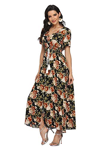 Image of VintageClothing Women's Floral Maxi Dresses Boho Button Up Split Summer Casual Long Dress Beach Party Dress