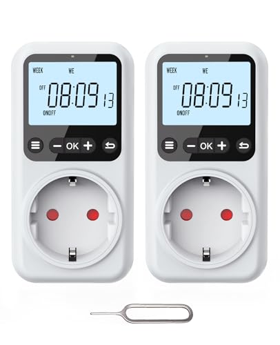 Voniobuy Enchufe Temporizador Programador Digital, 18 programas hasta el Segundo, función de Cuenta atrás, batería Recargable, Enchufe programable para luz y Luces navideñas 16A 3680W (2)