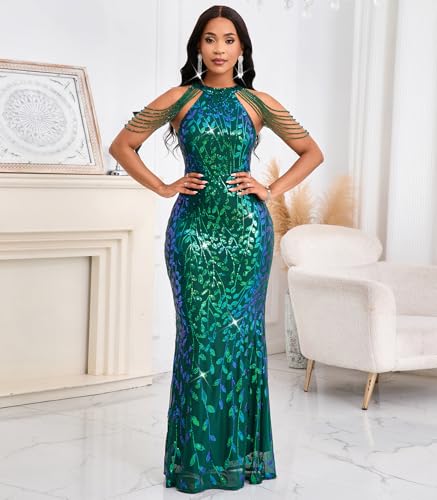 Image of Cololura Women Sexy Elegant Sequin Tassel Off Shoulder Halter Bodycon Maxi Dress Party Evening Gown Formal Dress