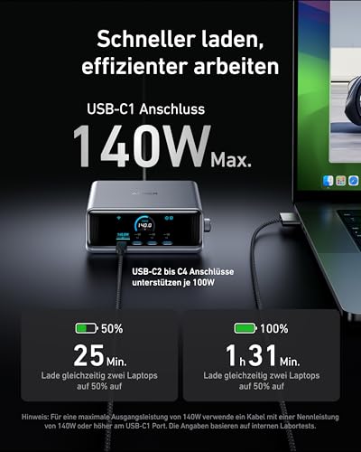 Anker Prime 250W USB-C Ladegerät, Ultra-schnelle 6-Port GaN Ladestation, 2,26" LCD-Display und Smart Control Regler, kompatibel mit MacBook Pro/Air, iPhone 17/16/15, Pixel, Galaxy, Apple Watch & mehr