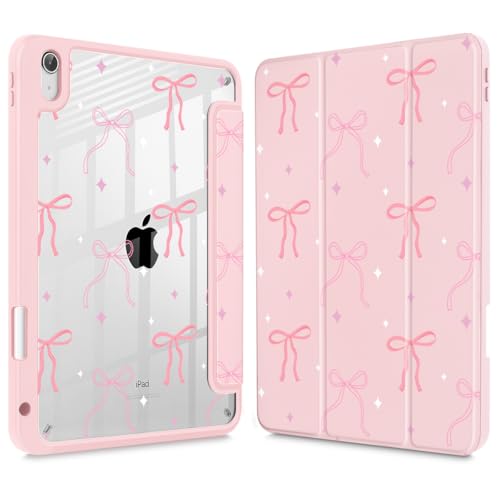 Tuiklol Case for iPad 11 inch (A16 Chip) 2025 11th Gen/iPad 10.9 inch 2022 10th Gen Buit in Pencil Holder with Shockproof Cover Clear Transparent Back Shell Auto Wake/Sleep Pink Bows