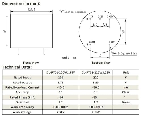 Transformador de tensión DL-PT01 mini sensor de corriente CA de 380v a 4v 4