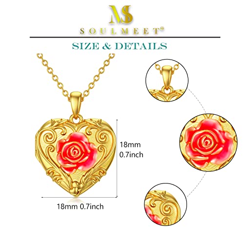 Soulmeet Personalized 10K 14K 18K Solid Gold/Plated Gold Enamel Rose Locket Necklace That Holds 2 Pictures Personalized Letters Engraved Locket For Her (Custom Photo & Text) #TOP5