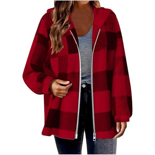Womens Flannel Shacket Jacket Zip Up Fleece Plaid Hoodies Casual Long Sleeve Shirts Coats Warm Winter Clothing