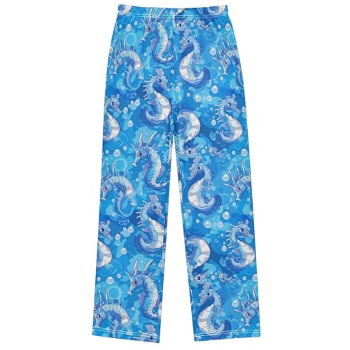 Boy's Pants Cartoon Blue Seahorse Jogger Pants Elastic Waist Long Bottoms Trousers with Pockets 6-14 Years