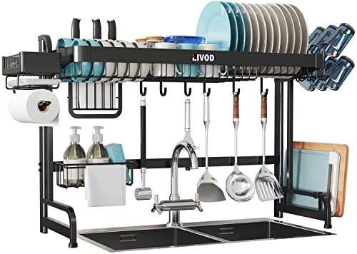 LIVOD Over The Sink Dish Drainer Drying Rack,Large Over Sink Dish Drying Rack,3 Tier Dish Rack Over Sink Counter with Storage Baskets,Above Sink Dryer Racks with Adjustable (Black, 2 Tier B)