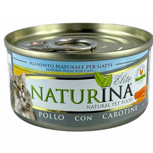 NATURINA - Elite húmedo para gatos, pollo con zanahorias, cocido al vapor y conservado en agua de cocción, sin conservantes ni colorantes sintéticos, para todos los tamaños, 24 latas de 70 g