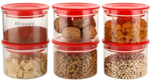 Image of Floraware Plastic Storage Jar and Container Set I Air Tight & BPA Free Containers for Kitchen Storage Set I Grocery Kitchen Container Set I Multipurpose Jar, 600 Ml Each, Set 6, Red