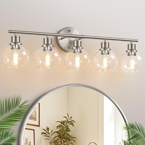 Image of Indoi 5-Light Bathroom Light Fixtures, Brushed Nickel Vanity Light with Clear Glass Globe Shades, Modern Bathroom Wall Sconce Lighting for Mirror, Kitchen, Hallway, Bedroom