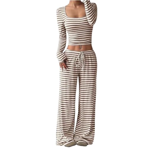 Womens 2 Piece Outfits Striped Long Sleeve Square Neck Cropped Top Drawstring Wide Leg Pants Lounge Sets Sweatsuits3
