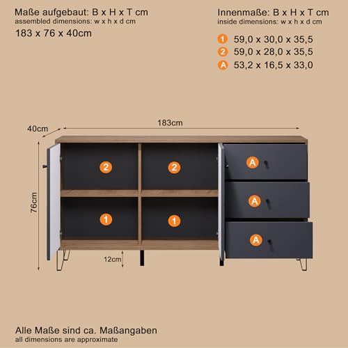 ideal für Wohnzimmer-Organisation (92 Zeichen). - Detailansicht von Montez Sideboard Eiche Gold Graphite Test – Dealfox...