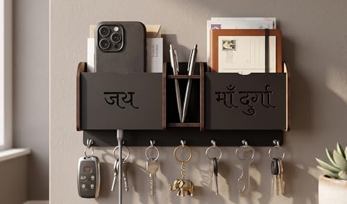 Image of Premium 'Jai Maa Durga' Wooden Key Holder for Wall with 7 Anti-Rust Hooks | Multi-Functional Wall Organizer with Mail Holder, Dual Pockets & Pen Stand | Laser Cut Entryway Decor for Home & Office
