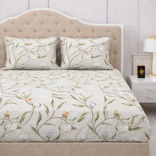 Image of 300 TC Cotton Feel Glace Cotton Elastic Fitted Bedsheet for King Size Double Bed | Fits up to 8 Inch Mattress | Printed Bedsheet with 2 Pillow Covers (White Leaf, King Size - 72 inchx78 inch)