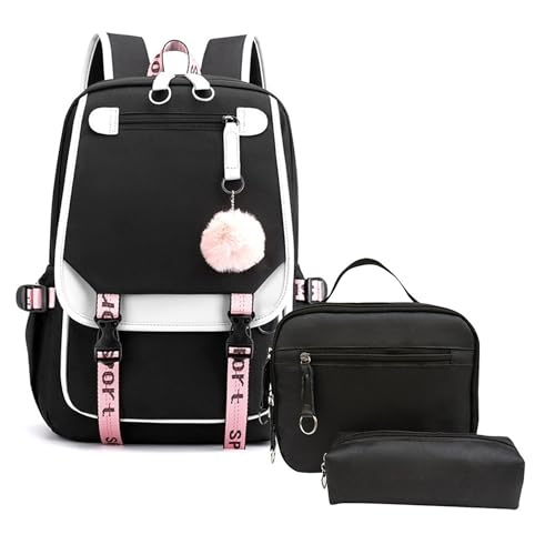 Mochila escolar para meninas, bloco de cores, mochila escolar com caixa de almoço, conjunto de 3 peças, mochila para meninas escolares com porta de carregamento USB