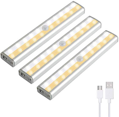 Preisvergleich Produktbild Schrankbeleuchtung mit Bewegungsmelder 20 LED Sensor Licht Schranklicht kleiderschrank Beleuchtung Wiederaufladbare Batteriebetriebene Lichter Aufkleben Kleiderschrank Schrank Küche Treppe (3 Stück)