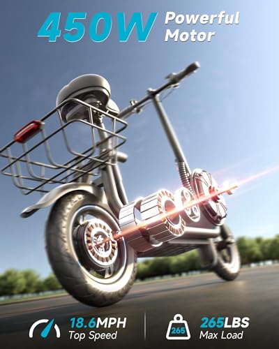 AWWSCOOTER C1 Electric Scooter with Seat for Adults, 450W Powerful Motor, 20 Mile Long Range, 16 Mph Foldable Commuter E-Scooter with Basket for Daily Commute, Grocery, or Pet Travel – Classic Black