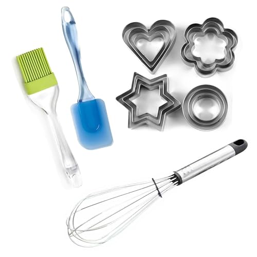 Image of Sulfar Combo of Stainless Steel Cookie Cutter, Silicone Spatula & Pastry Brush, Hand Wire Whisk
