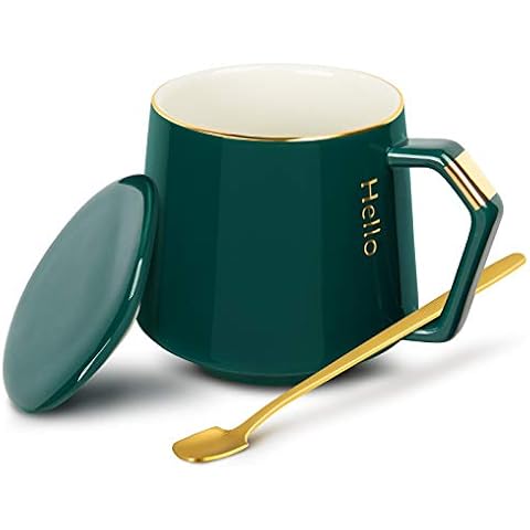 SMBOX Ceramic Mugs Coffee Mug with Lid Coffee Cup + Stainless Steel Spoon, 12oz/380ml Tea Mug, Great Gift for Birthday/Christmas/Valentine's Day-Green Cover