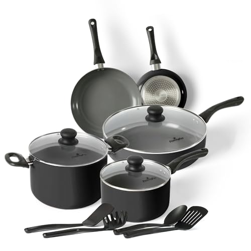 12 Piece Nonstick Pots and Pans Sets,Kitchen Cookware with Ceramic Coating,Dishwasher Safe,Frying Pan Set with Lid, Induction Pots and Pans with Clearance,Suitable for Any Cooktop（Black）