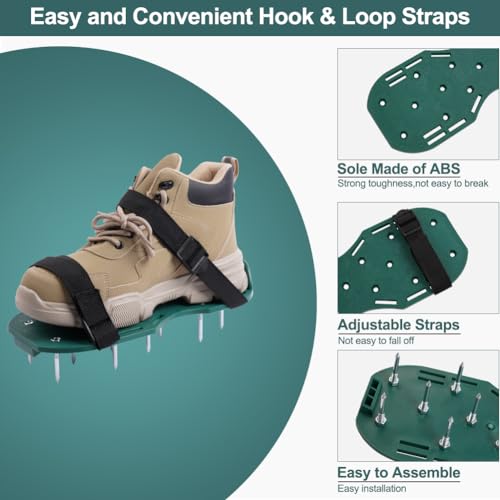 URAQT Sandales Aérateur Pelouse, 1 Paire 47mm Aérateur de Pelouse avec 26 Clous et Clé, Chaussure à Gazon Ajustable, Amélioration de la qualité du Sol, pour Aerateur Gazon (Vert) – vue 4