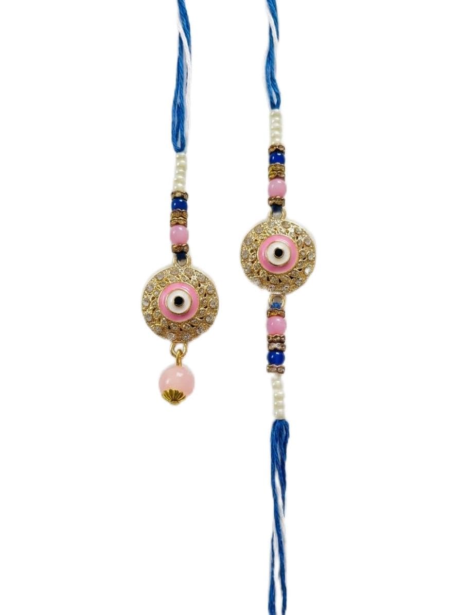 Pink & Gold Enamel Evil Eye Bhaiya Bhabhi Couple Rakhi Set – Includes Personalised Greeting Card, Sandalwood Tilak, Roli & Chawal Packets in Eco-Friendly Gift Box-image-15