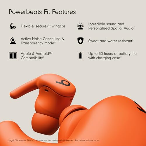 Beats - Powerbeats Fit - Wireless Noise-Cancelling Workout Earbuds with Upgraded Secure Fit Wingtips, IPX4, Up to 30H of Battery Life & Charging case, Compatible with Apple & Android - Spark Orange