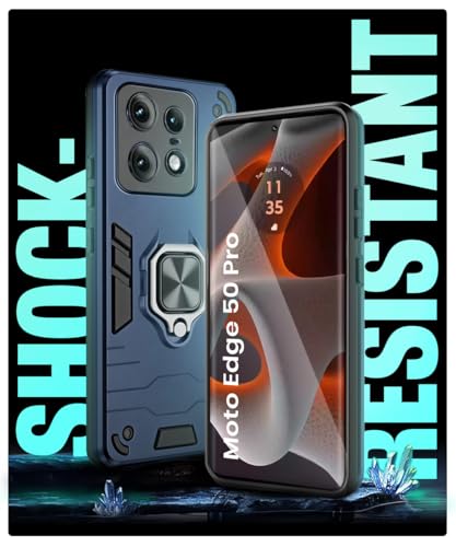 Image of WOW IMAGINE Shock Proof Back Case Mobile Cover for Motorola Moto Edge 50 Pro | Back Cover Case (Tough Armor | Hybrid PC + TPU | Ring Holder & in-Built Kickstand | Blue)