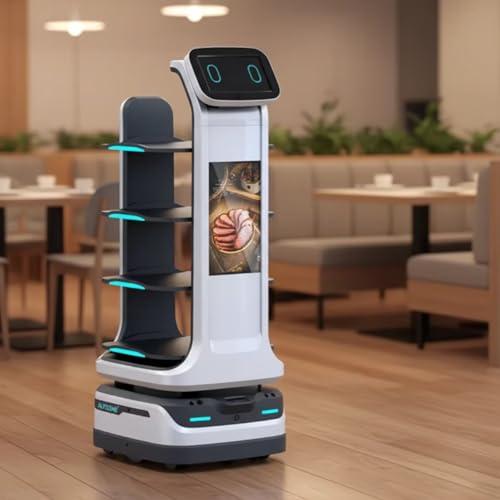 Interactive Smart Waiter Robot for Restaurants – Food & Drink Delivery, Large Tray Capacity, Autonomous Indoor Navigation, Automatic Obstacle Avoidance, Self-Charging, Contactless Meal Serving