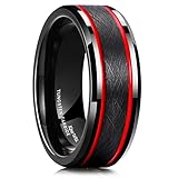 King Will 8mm Black Tungsten Rings for Men Two Tone Mens Wedding Band Cool Promise Ring Engagement 2 Red Centre Grooved Thin Lines Matte Finished Beveled Edge Comfort Size 11