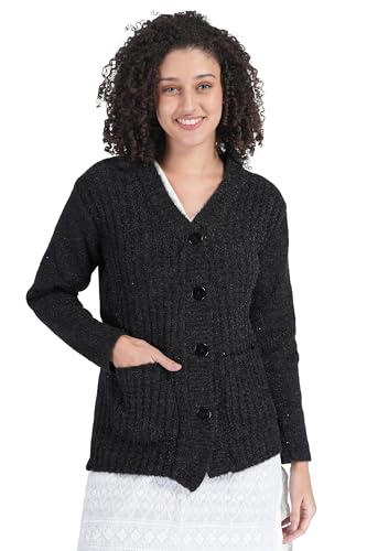 Image of MANRA Women's Woolen V-Neck Buttoned Full Sleeve Cardigan Self Design Soft Wool Fabric Winter Wear Pure Wool Sweater Fully Warm with Front Pockets Stylish Cardigan