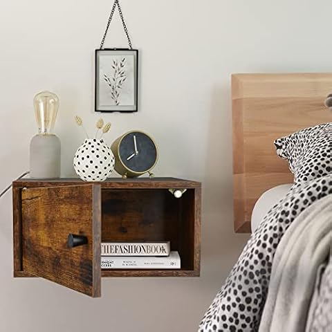 Homode Floating Nightstand, Wall Mounted Nightstand Floating Bedside Table for Bedrooms, Wood Wall Shelf with Drawer, Floating Side Table End Table for Living Room, Rustic Black and Brown Cover