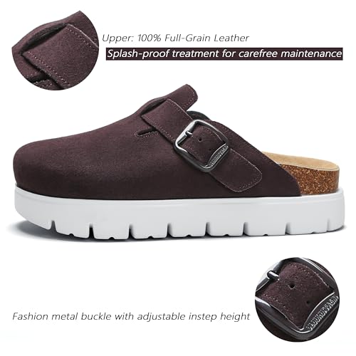 Image of Women's Suede Platform Clogs Leather Mules Slip On Indoor Outdoor Shoes | Arch Support, Cork Footbed, Adjustable Buckle,Water Resistant Upper,All Day Comfort
