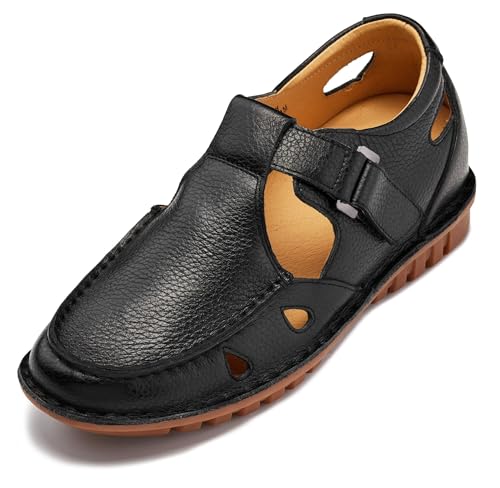 CALTO Men's Invisible Height Increasing Elevator Shoes - Black Premium Leather Lightweight Casual Fisherman Sandals - 2.8 Inches Taller - K0751 - Size 7.5 D(M) US