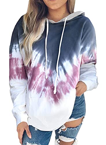 Eytino Women Hoodies Tops Tie Dye Printed Long Sleeve Pocket Drawstring Pullover Sweatshirts,X-Large Blue