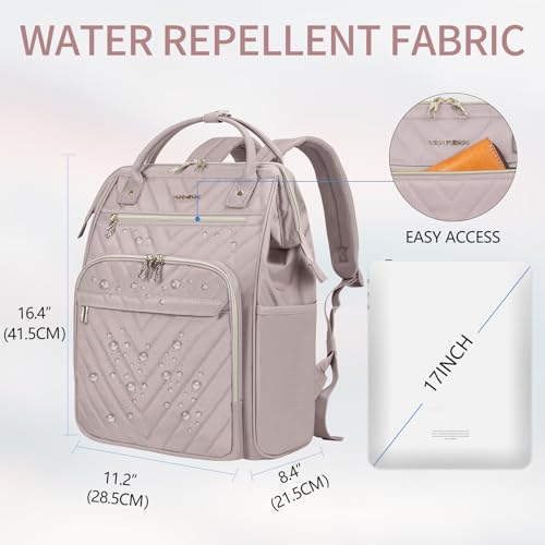 Image of VANKEAN Laptop Backpack for Women Fashion Computer Work Bag, Large Capacity Waterproof Backpack, College Daypack Business Travel, (Quilted Light Dusty Pink, 15.6 Inch)