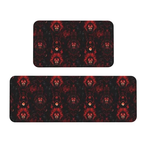 GVYGVY Antifatigue Kitchen Mats for Floor 2 Piece - Dark Red Lion (A) Print Kitchen Rugs Washable, Non Slip Runner Rug Standing Mat for Office/Bathroom/Laundry/Home Decor and Accessories
