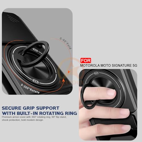 Image of Motorola Moto Signature 5G Back Cover | Armor Camera Slider 360 Degree Rotating Finger Ring Holder Case with Bracket Stand Back Case Cover (Compatible with MagSafe Accessories) (Black)