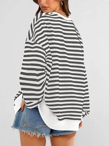 Image of PRETTYGARDEN Womens Striped Oversized Sweatshirt Color Block Crew Neck Long Sleeve Casual Loose Pullover Top Y2K Clothes