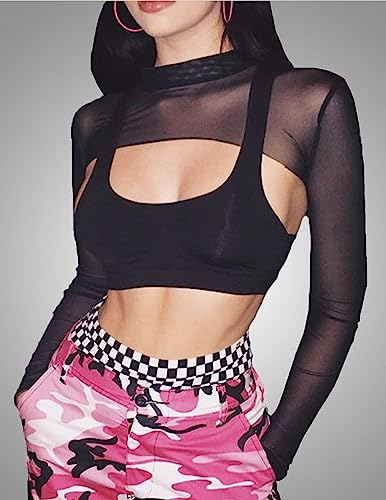 Avidlove Mesh Crop Tops for Women Mock Neck Long Sleeve Crop Top See Through Shirt Top Sexy Clubwear4