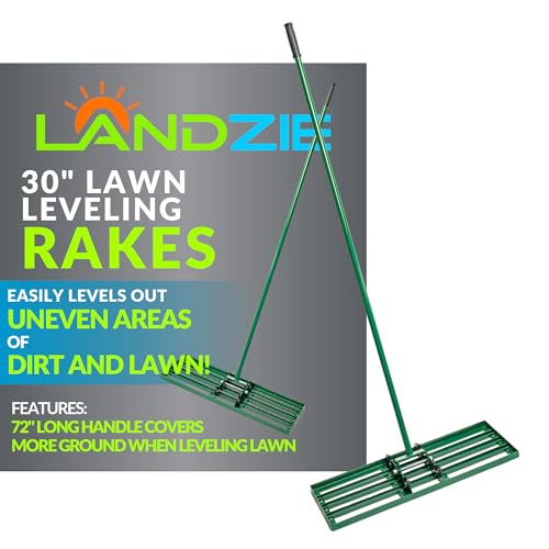 Image of Landzie Lawn Leveling Rake - 30 Inch Wide 72 Inch Handle Powder Coated Yard, Garden, and Lawn Leveling Tool - Professional Lawn Care Landscaping Tools, Green