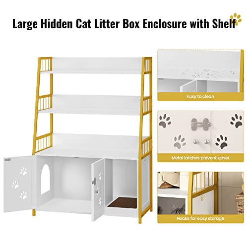 Recaceik Large Cat Litter Box Enclosure With Shelf Storage, Hidden Cat Washroom Furniture, Wooden Cat House With Scratch Pad, Sturdy Indoor Cat Cabinet With 2 Doors, Gold White #TOP6