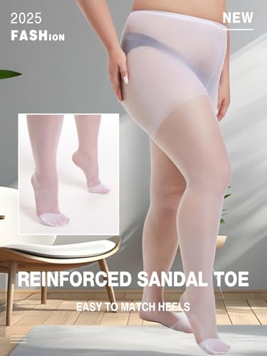 Image of MERYLURE Plus Size Sheer Tights for Women,20D Control Top Pantyhose Reinforced Toes High Waist Stockings 3 Pairs 1XL-6XL