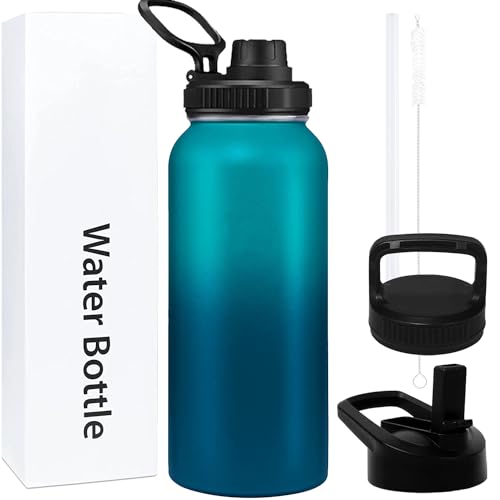 Stainless Steel Insulated Water Bottle with Straw Lid, 1L Thermal Water Bottle Hot Cold Drinks Vacuum Flask Double Walled BPA Free and Leak-Proof Insulated Water Bottle (Cyan+Dark Blue)