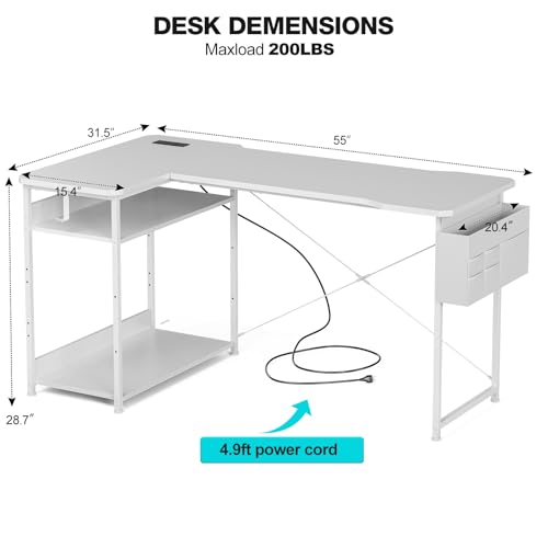 Image of Acrolix L Shaped Gaming Desk 55 Inch - Computer Corner Desk with Power Outlets, Reversible Shelves & Storage Bag for Home Office, PC Gaming Table, White Carbon