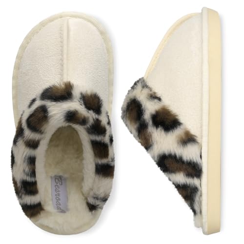Besroad Kids Slippers Girls Boys Faux Fur House Slippers Fuzzy Slides Fluffy Sandals Indoor Outdoor Home Shoes Beige Leopard Big Kid 2.5-3.5