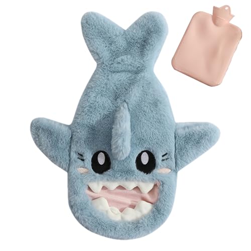 Bolsa de agua caliente para botella de agua caliente, diseño de tiburón, compresas térmicas de goma para calentar el calor, para calentar los pies, botella terapéutica caliente reutilizable con