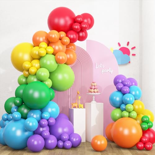 RUBFAC 135pcs Rainbow Balloons Latex Colorful Balloon Different Sizes 18 12 10 5 Inch for Garland Arch Birthday Party Decorations