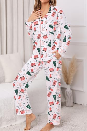 Image of LUBOT Christmas Pajamas for Women 100% Cotton Pajama 2 Piece PJ Set Soft Long Sleeve Button Xmas Print Loungewear XS-XXL